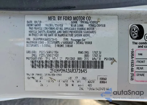 2010 Ford Fusion Se z USA, uszkodzony, nr VIN 3FAHP0HA3AR372645